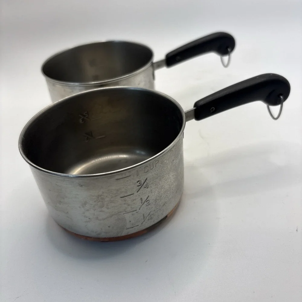 Set Of 2 Vtg 1 Cup Mini Melting Pots Stainless Copper Clad Bottoms Measuring Cup